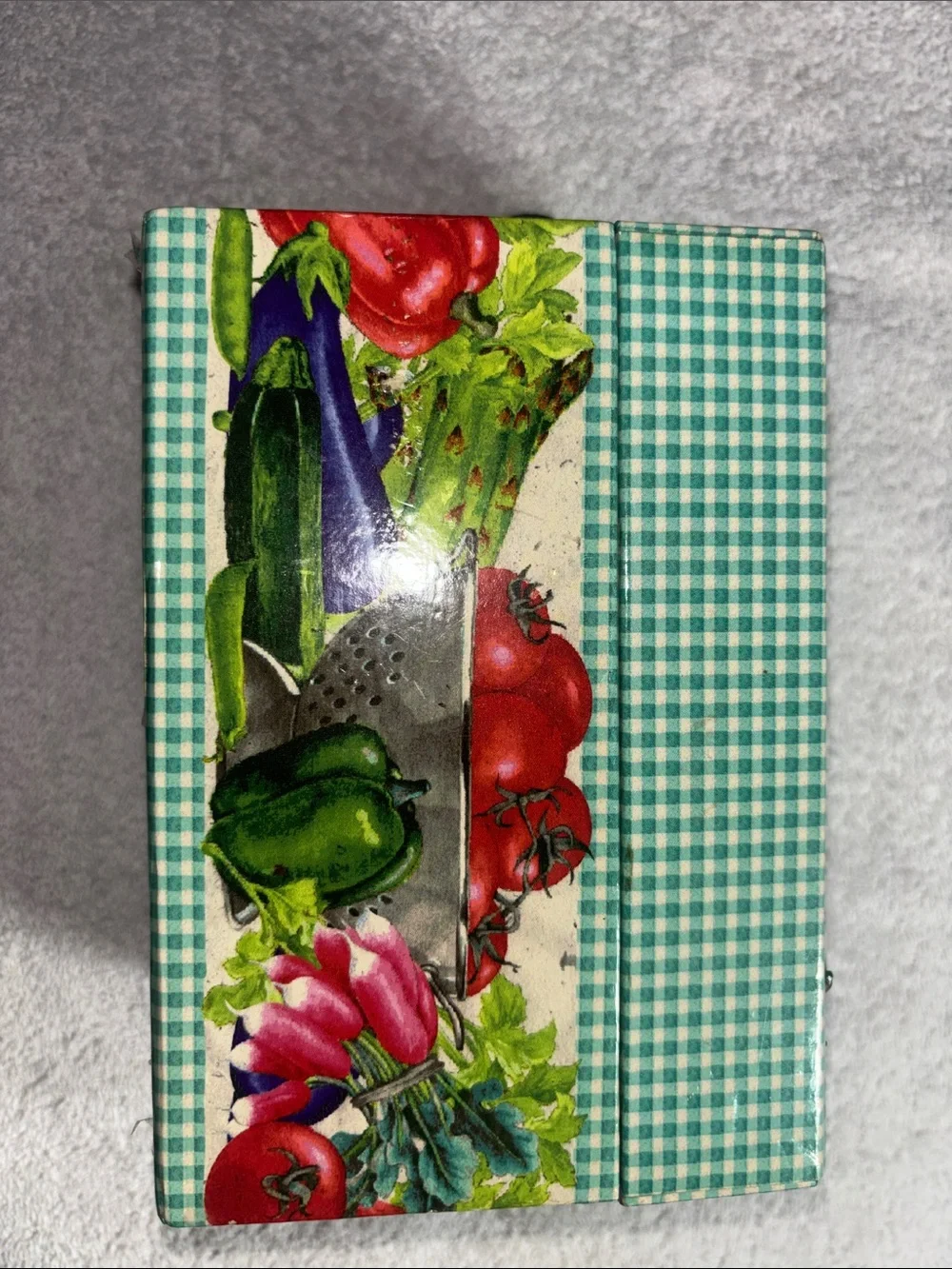 Vintage Green Plaid Recipe Box with Vegetable Illustration